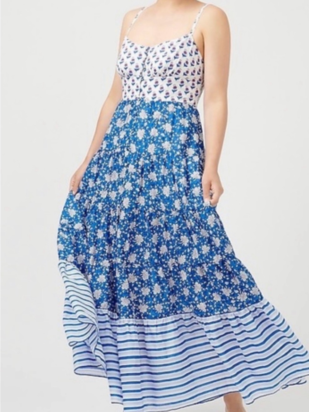 J. Crew Blue Floral and Stripe Maxi Dress Block Print